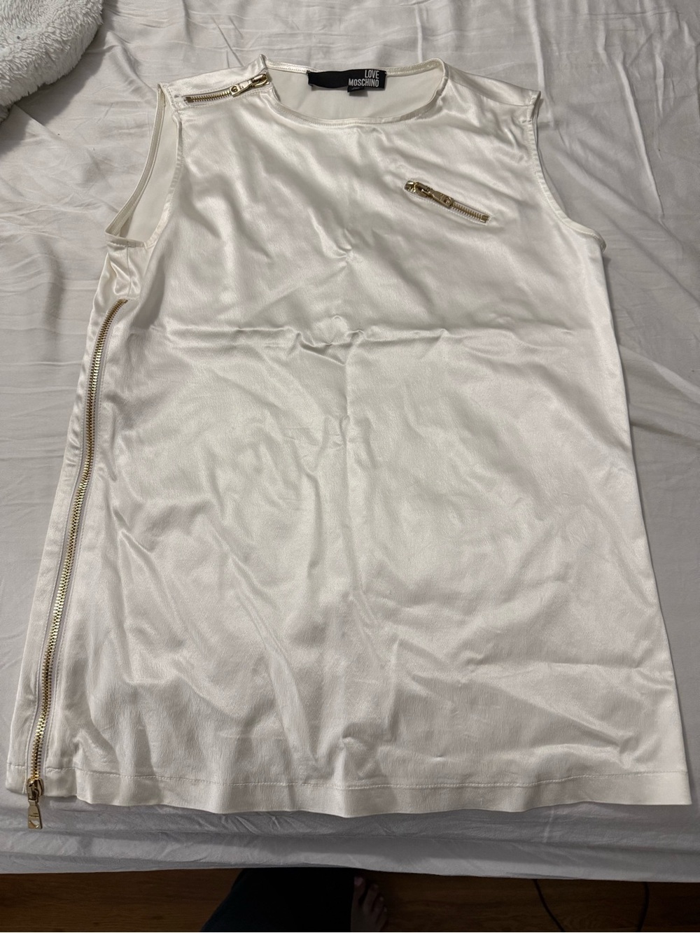 Love Moschino Cream Sleeveless Top with Gold Zipper Accents